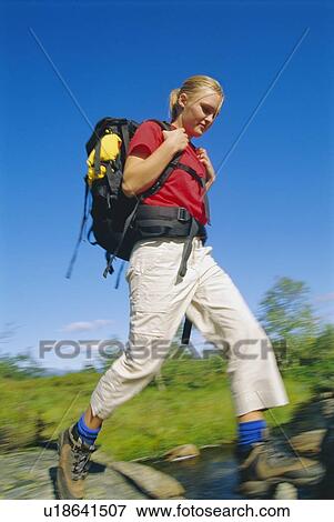 Woman hiking outdoors in scenic location (blur) View Large Photo Image Stock Photo - Woman hiking outdoors in scenic location (blur). Fotosearch