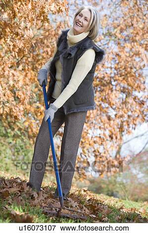 Woman outdoors raking leaves and smiling (selective focus) View Large Photo Image Stock Photo - Woman outdoors raking leaves and smiling (selective focus). Fotosearch