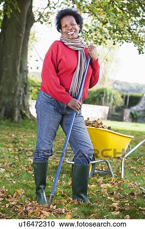 Woman outdoors raking leaves near wheelbarrow and smiling (selective focus) View Large Photo Image Stock Image - Woman outdoors raking leaves near wheelbarrow and smiling (selective focus). Fotosearch