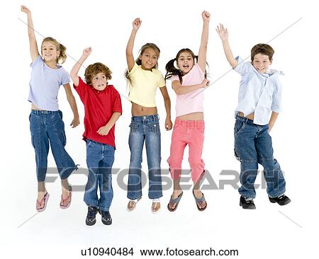 Picture - Five friends jumping and smiling. Fotosearch