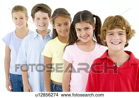 Picture - Row of five young friends smiling. Fotosearch