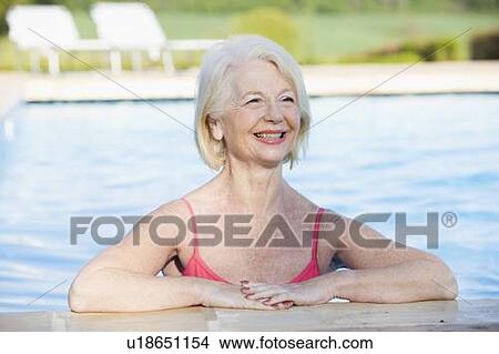 Picture - Woman in outdoor pool smiling. Fotosearch