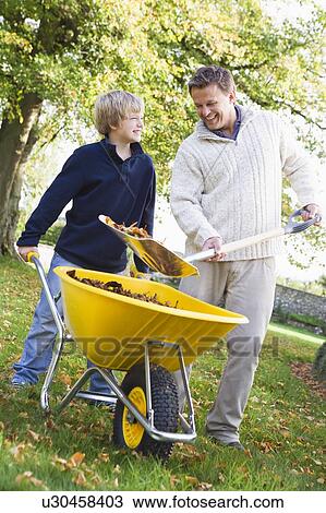 Father and son shoveling leaves into wheelbarrow and smiling (selective focus) View Large Photo Image Stock Image - Father and son shoveling leaves into wheelbarrow and smiling (selective focus). Fotosearch