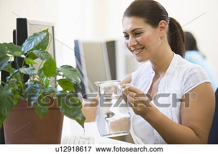 Woman in computer room watering plant smiling View Large Photo Image Stock Photo - Woman in computer room watering plant smiling. Fotosearch