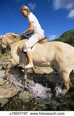 Woman outdoors riding horse through stream (fisheye) View Large Photo Image Stock Photo - Woman outdoors riding horse through stream (fisheye). Fotosearch