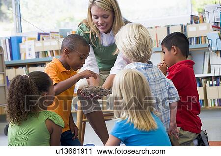 Stock Image - Teacher in class showing students a nest. Fotosearch