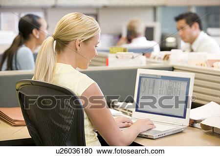 Businesswoman in cubicle using laptop View Large Photo Image Stock Image - Businesswoman in cubicle using laptop. Fotosearch