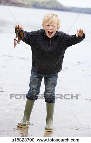 Young boy standing on beach holding leaves smiling View Large Photo Image Stock Image - Young boy standing on beach holding leaves smiling. Fotosearch