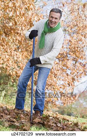 Man outdoors raking leaves and smiling (selective focus) View Large Photo Image Stock Photo - Man outdoors raking leaves and smiling (selective focus). Fotosearch