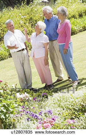 Stock Photography - Two senior couples in a flower garden. Fotosearch