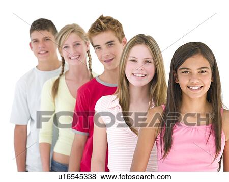 Five friends in a row smiling View Large Photo Image Stock Photo - Five friends in a row smiling. Fotosearch