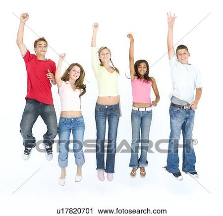 Stock Image - Five friends jumping and smiling. Fotosearch