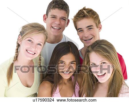 Picture - Five friends together smiling. Fotosearch