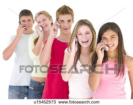Row of five friends on cellular phones smiling View Large Photo Image Stock Image - Row of five friends on cellular phones smiling. Fotosearch