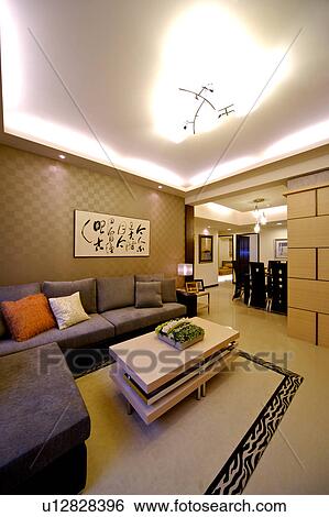 Stock Photograph - Living room in modern style, with view to the dining room. Fotosearch