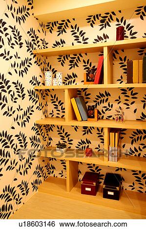 Stock Photograph - Bookshelf and wallpaper. Fotosearch