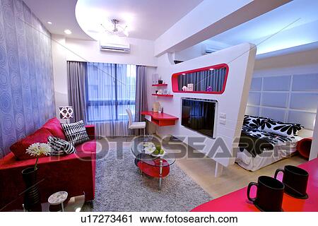 Stock Image - Contemporary living room interior and bedroom. Fotosearch