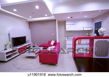 Stock Photograph - Living room and kitchen in modern home. Fotosearch