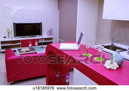 Modern style living room and kitchen counter View Large Photo Image Stock Photograph - Modern style living room and kitchen counter. Fotosearch