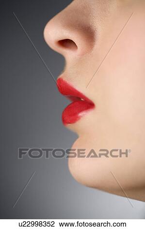 Stock Image - Studio shot of teenage girl, close up of mouth and nose. Fotosearch