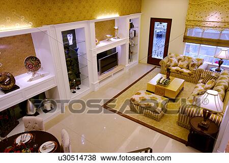Stock Photo - Elevated view of modern living room. Fotosearch