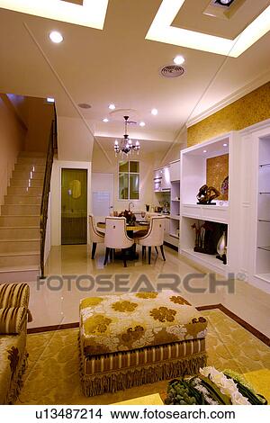 Living room, dinning area and staircase in contemporary house View Large Photo Image Picture - Living room, dinning area and staircase in contemporary house. Fotosearch