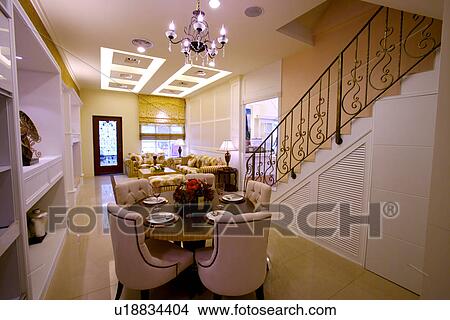 Table setting, living room and staircase View Large Photo Image Picture - Table setting, living room and staircase. Fotosearch