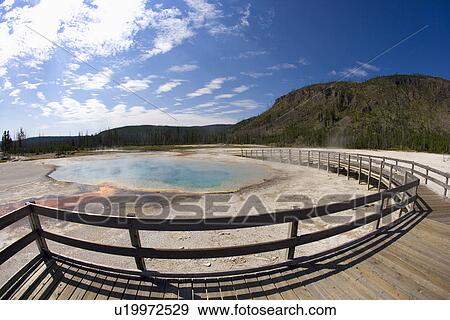 Stock Photo - Boardwalk over Black Sand Basin, Yellowstone National Park, Wyoming, USA. Fotosearch