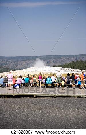 Stock Photo - USA, Wyoming, Yellowstone NP, people watching Old Faithful Geyser. Fotosearch