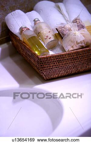 Sink and basket with towels View Large Photo Image Stock Photo - Sink and basket with towels. Fotosearch