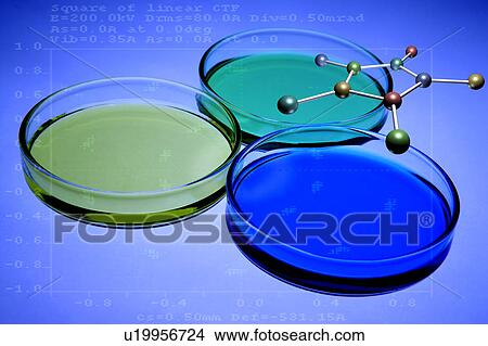 Picture - Liquid-filled petri dish and molecular structure. Fotosearch