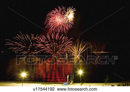 Stock Image - Japan, Hokkaido, Lake Toya-ko, fireworks display. Fotosearch