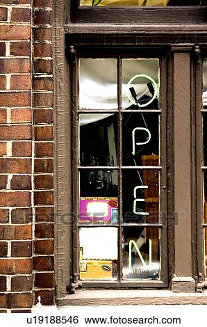 Stock Photograph - Open sign in retail store window. Fotosearch