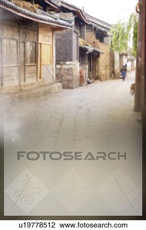 Drawing - Ancient Chinese houses lining a paved street, with Chinese-styled patterns on the bottom, digitally generated image. Fotosearch
