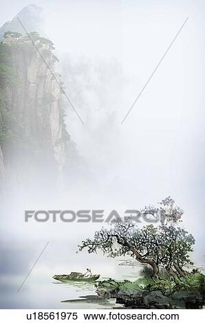 Chinese styled painting of trees beneath a cliff, digitally generated View Large Illustration Stock Illustration - Chinese styled painting of trees beneath a cliff, digitally generated. Fotosearch