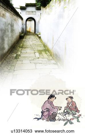 Drawing - Chinese-styled painting of two children feeding a rabbit, with a corridor in the background, digitally generated image. Fotosearch