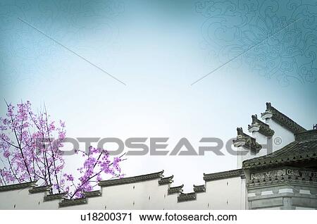 Chinese-styled wall, with peach blossoms on the inside, digitally generated View Large Illustration Clip Art - Chinese-styled wall, with peach blossoms on the inside, digitally generated. Fotosearch
