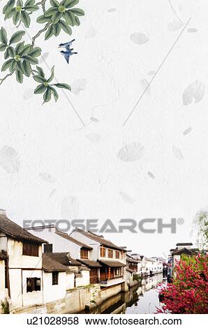 Digitally enhanced image of Chinese houses beside a river View Large Illustration Stock Illustration - Digitally enhanced image of Chinese houses beside a river. Fotosearch