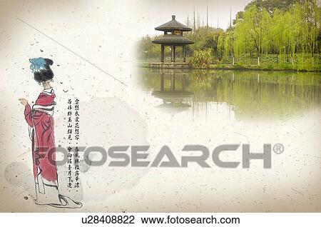 Drawing - Digitally generated, Chinese-styled painting of a woman in traditional Chinese clothing, next to a lakeshore. Fotosearch