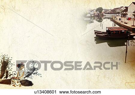 Clip Art - Digitally generated image of a traditional Chinese-styled painting of a young girl sitting on a tree trunk, and a Riverside village. Fotosearch