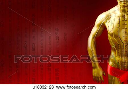 Digitally generated image of a golden model in front of a red background with Chinese characters View Large Illustration Drawing - Digitally generated image of a golden model in front of a red background with Chinese characters. Fotosearch