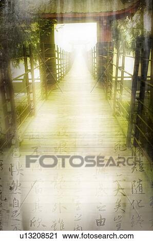 Digitally generated image of a wooden corridor, with faint Chinese calligraphy in front View Large Illustration Clip Art - Digitally generated image of a wooden corridor, with faint Chinese calligraphy in front. Fotosearch