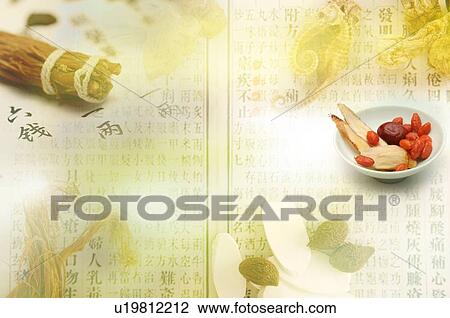 Digitally generated image of Chinese medicinal herbs, against a background of Chinese script View Large Illustration Drawing - Digitally generated image of Chinese medicinal herbs, against a background of Chinese script. Fotosearch