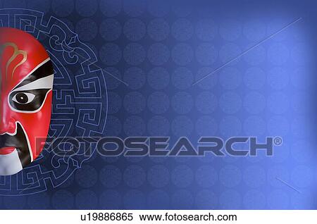 Stock Illustration - Digitally generated image of half a traditional Chinese opera mask, with a blue patterned background. Fotosearch