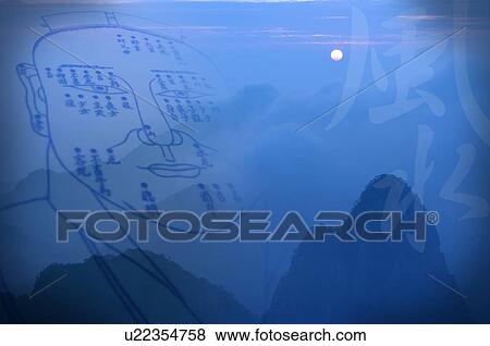 Stock Illustration - Digitally generated image of mountain scenery and a fortune telling face map. Fotosearch