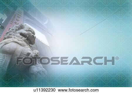 Clipart - Digitally generated image, traditional stone carving of a lion, Chinese style. Fotosearch