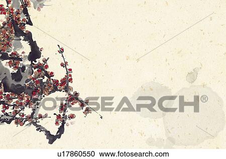 Clipart - Digitally generated image, traditional Chinese-styled painting of flowers and branches on pale pink background. Fotosearch