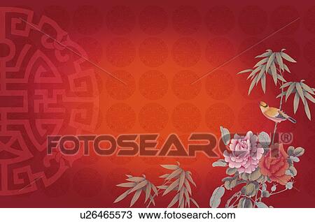 Red traditional Chinese-styled pattern, with dahlias and bamboo on the side View Large Illustration Drawing - Red traditional Chinese-styled pattern, with dahlias and bamboo on the side. Fotosearch