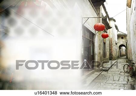 Stock Illustration - Small alley lined with traditional Chinese houses, Digitally generated image. Fotosearch