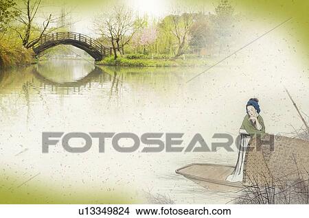 Stock Illustration - Traditional Chinese-styled art, with a Chinese woman on a boat, a bridge in the distance. Fotosearch